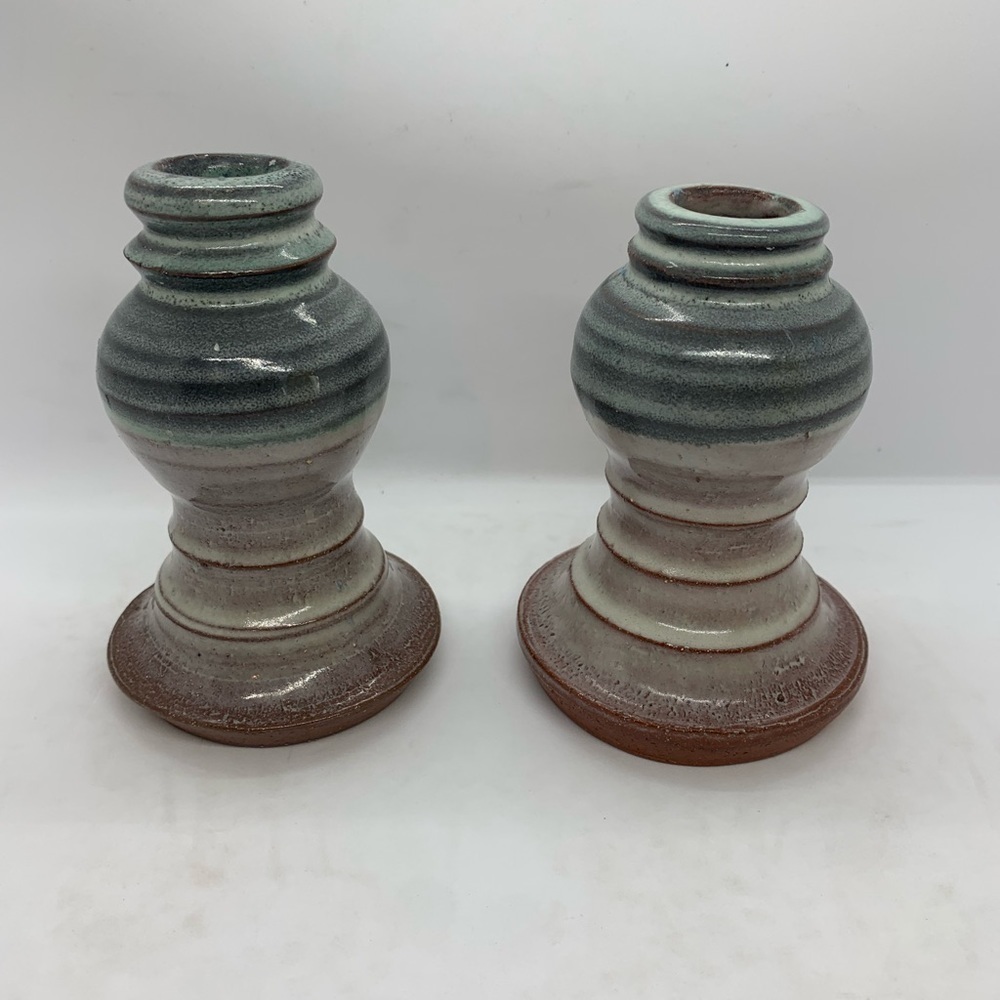 Vintage Signed Glazed Studio Pottery Candlesticks